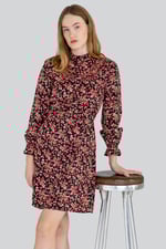 Red/Black Floral High Neck Viscose Mini Dress