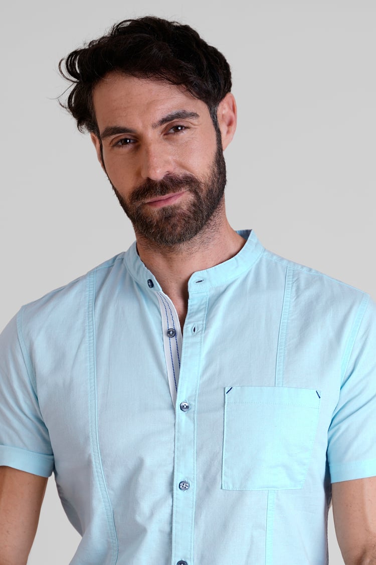 Regular Fit Cotton Linen Grandad Collar S/S  Shirt