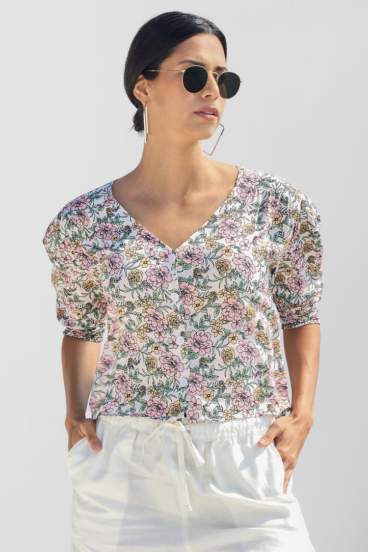 Printed Flute Sleeve Blouse