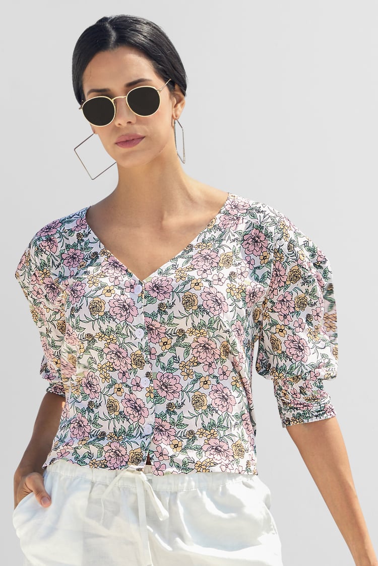 Printed Flute Sleeve Blouse