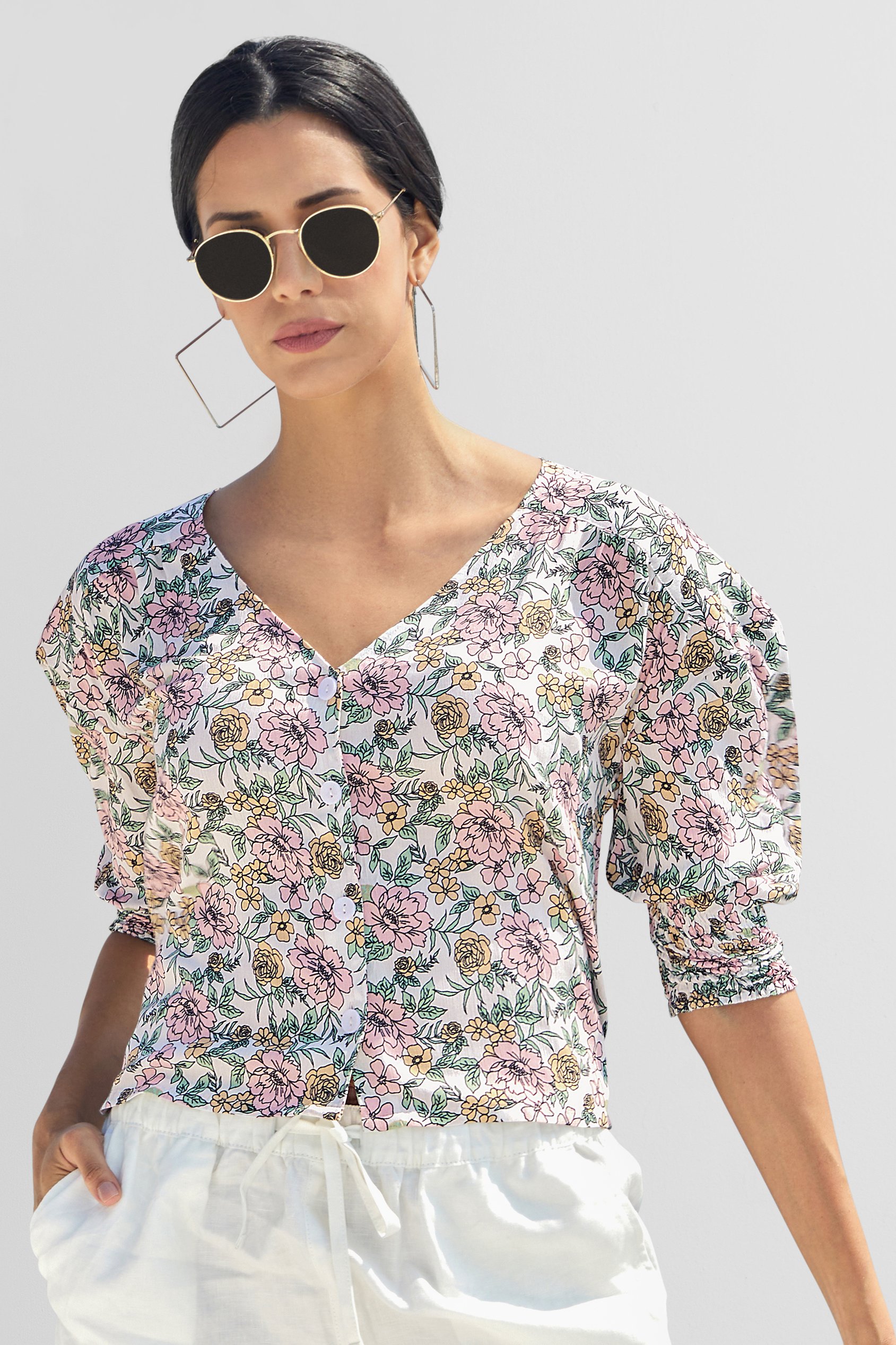 Printed Flute Sleeve Blouse