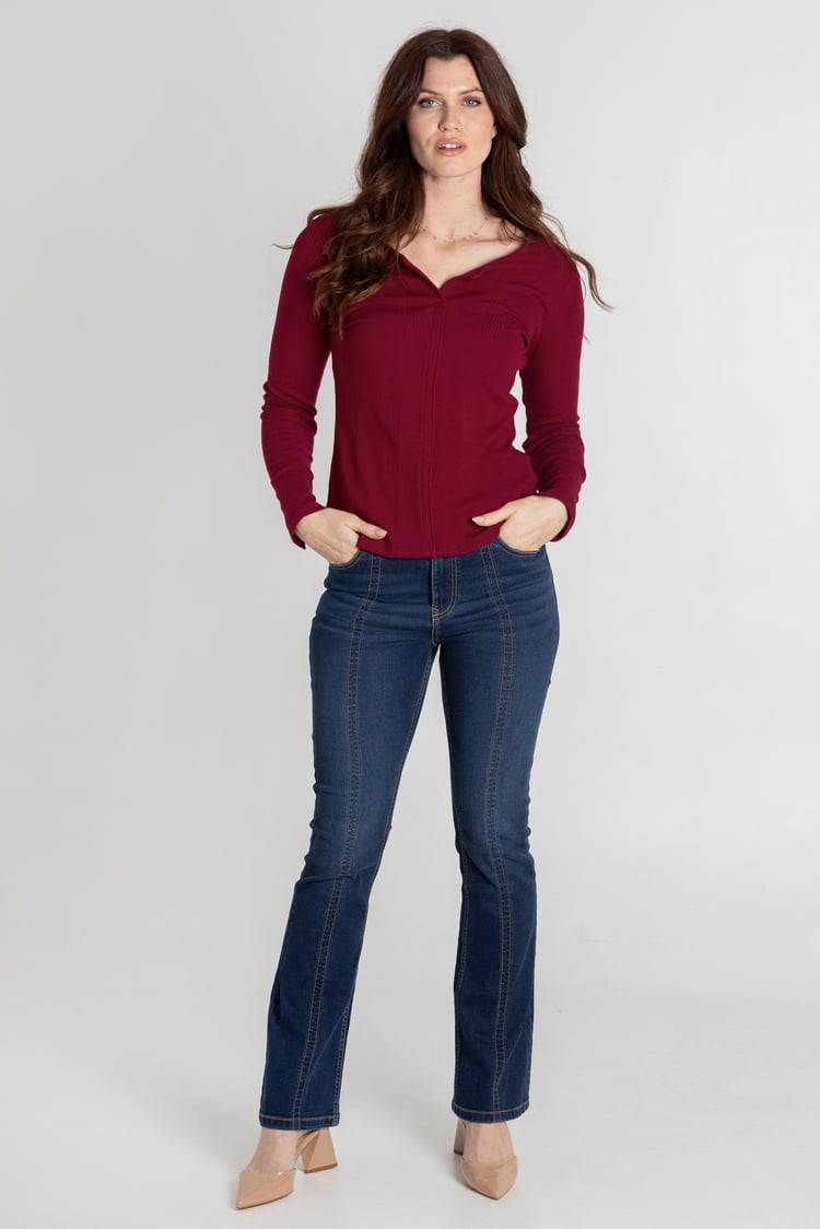 Scoop Neckline Long Sleeve Ribbed Top