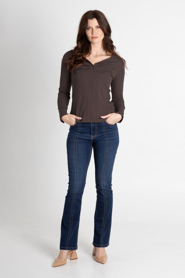 Scoop Neckline Long Sleeve Ribbed Top