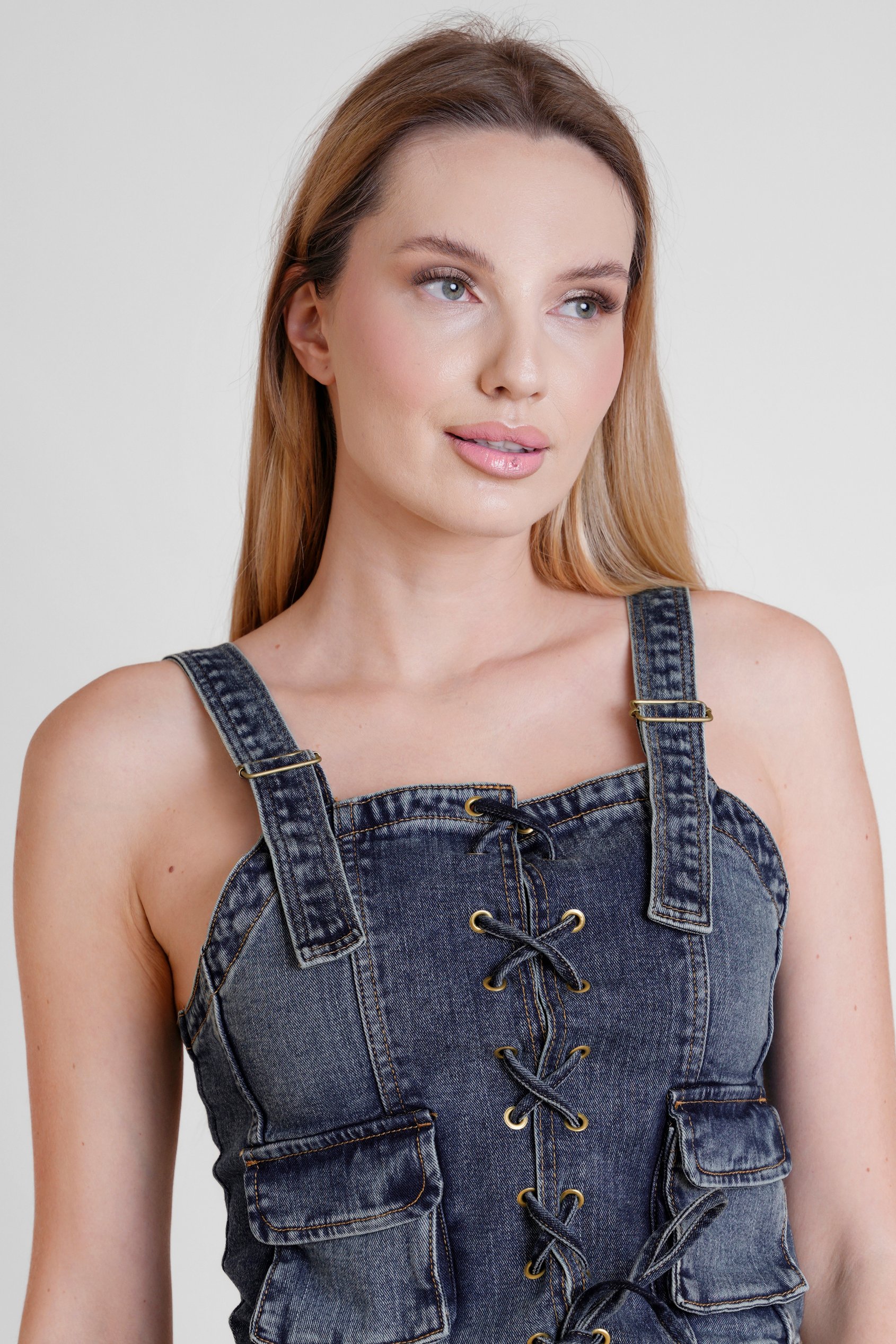 Lace-Up Front Fitted Denim Crop Vest