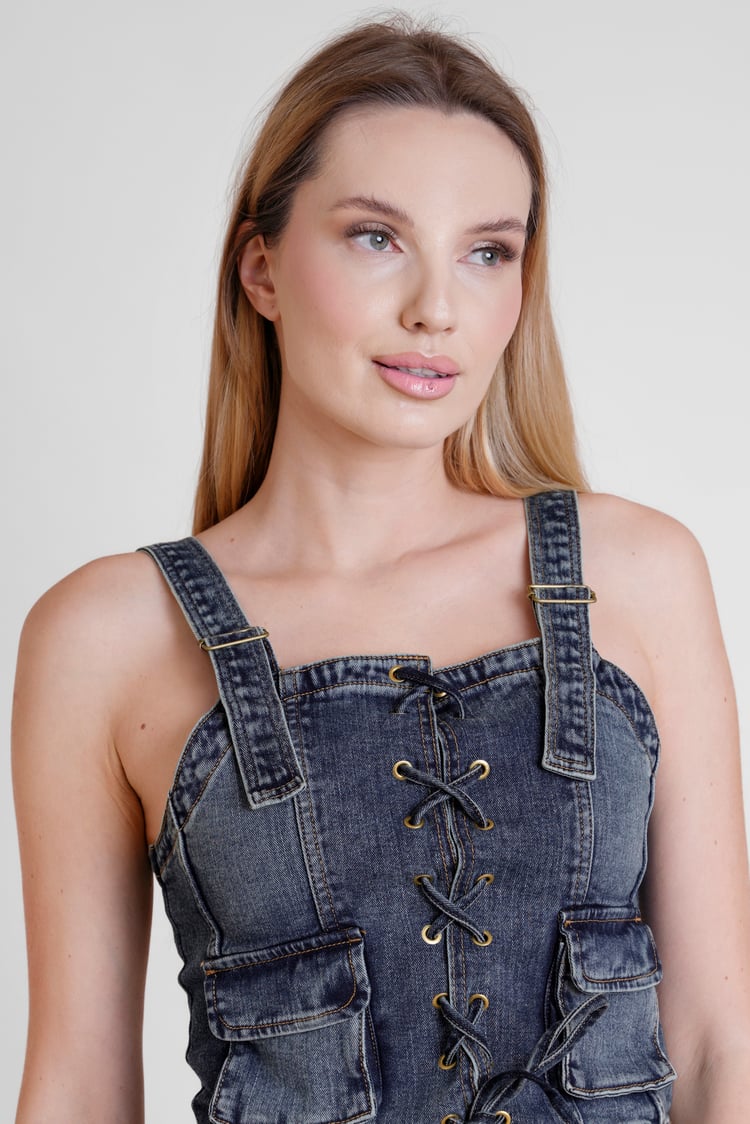 Lace-Up Front Fitted Denim Crop Vest