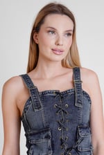 Lace-Up Front Fitted Denim Crop Vest