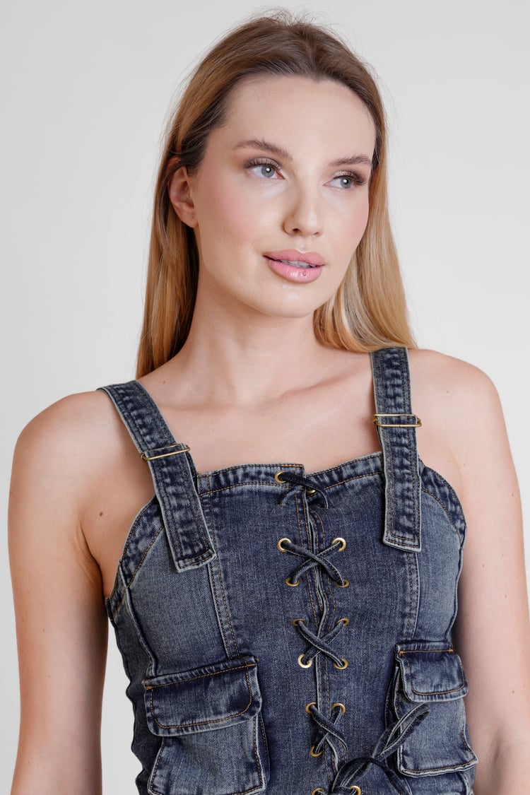 Lace-Up Front Fitted Denim Crop Vest