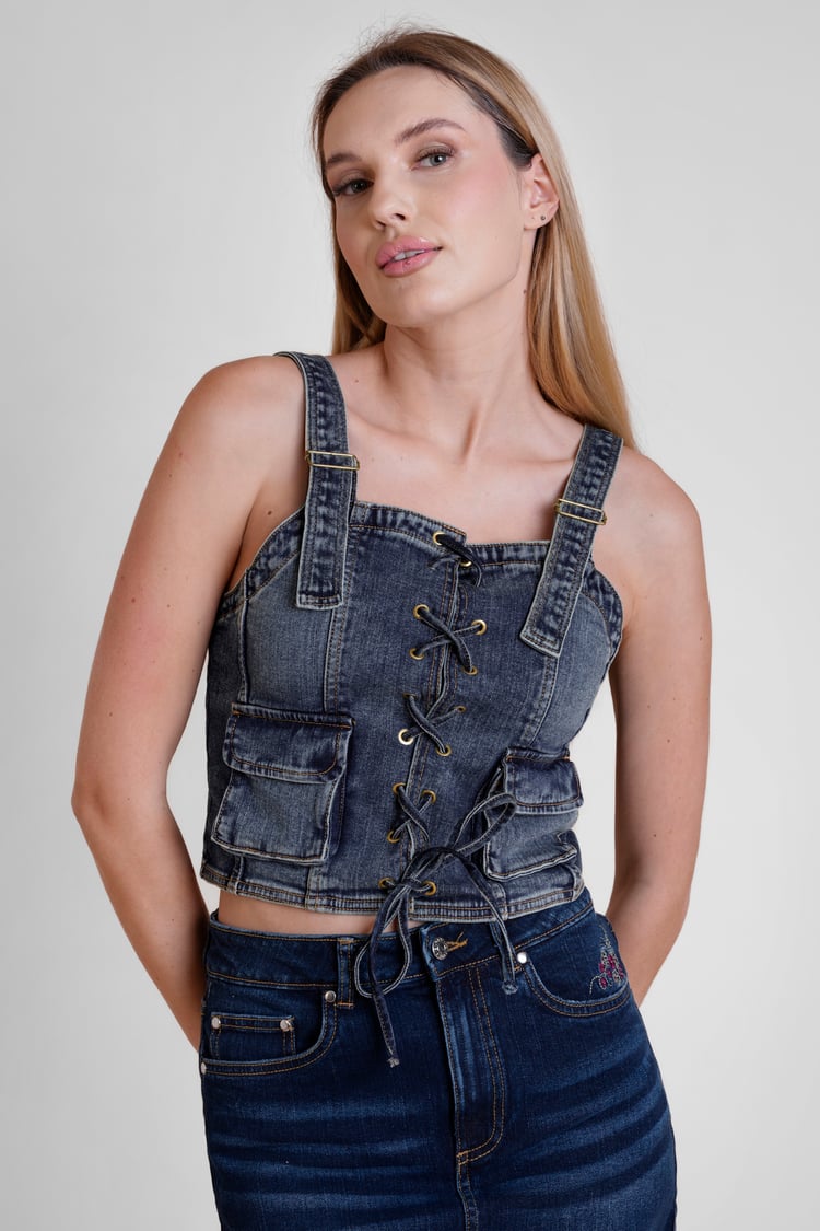 Lace-Up Front Fitted Denim Crop Vest
