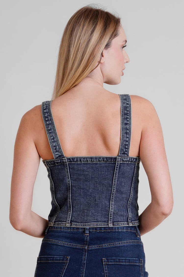 Lace-Up Front Fitted Denim Crop Vest