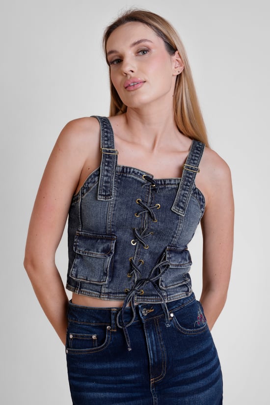 Lace-Up Front Fitted Denim Crop Vest