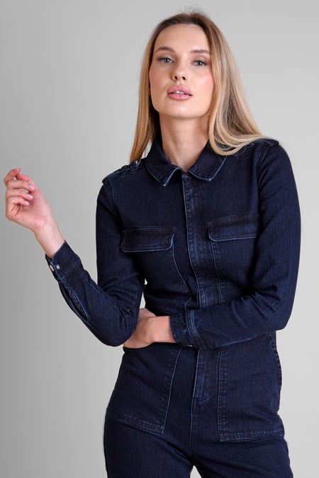 Women's Dark Blue Front Zipped Denim Jumpsuit