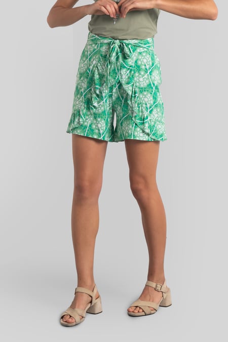 Womens Green Ruffle Tie-Front Dandelion Printed Shorts