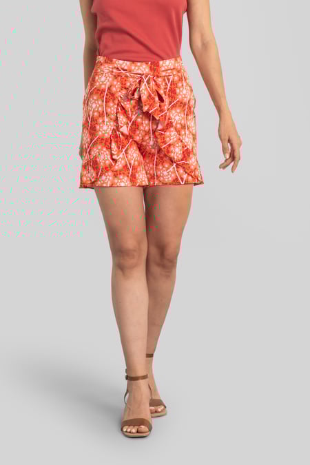 Womens Orange Ruffle Tie-Front Dandelion Printed Shorts