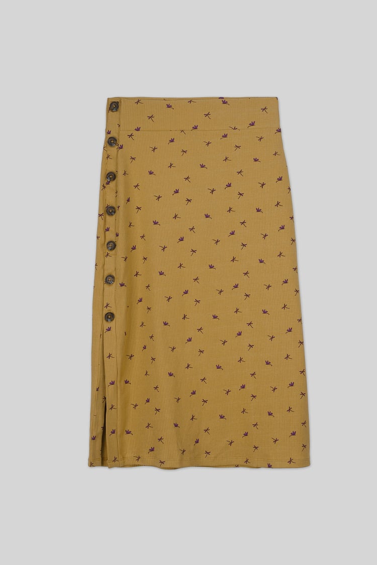 Side Button Split Ribbed Skirt