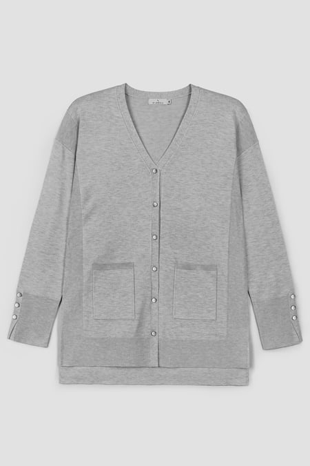 Women's Grey Knitted V-Neck Longline Cardigan