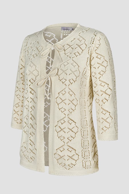 Women's Ecru Crochet Front Tie Knit Cardigan