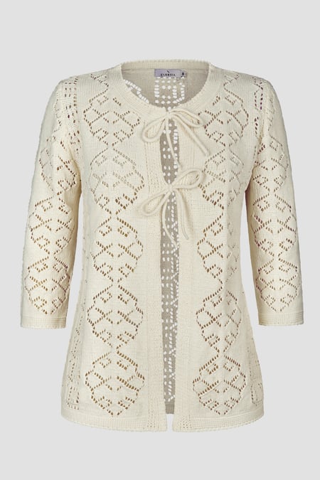 Women's Ecru Crochet Front Tie Knit Cardigan