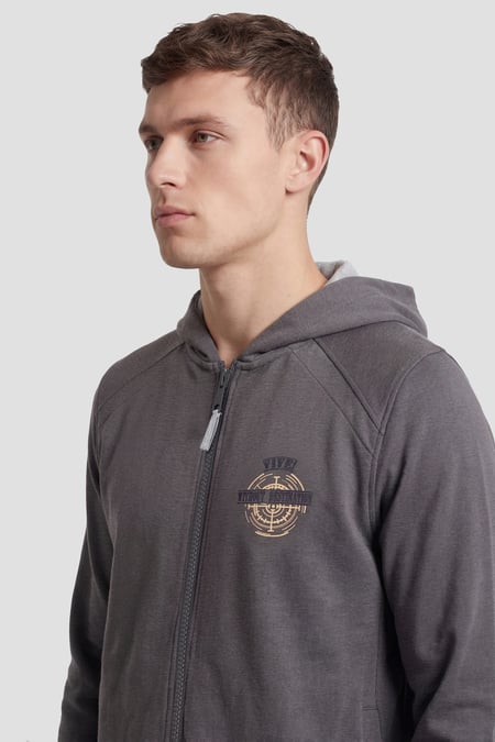 Mens Grey Wave Full Zip  Contrast Hoodie
