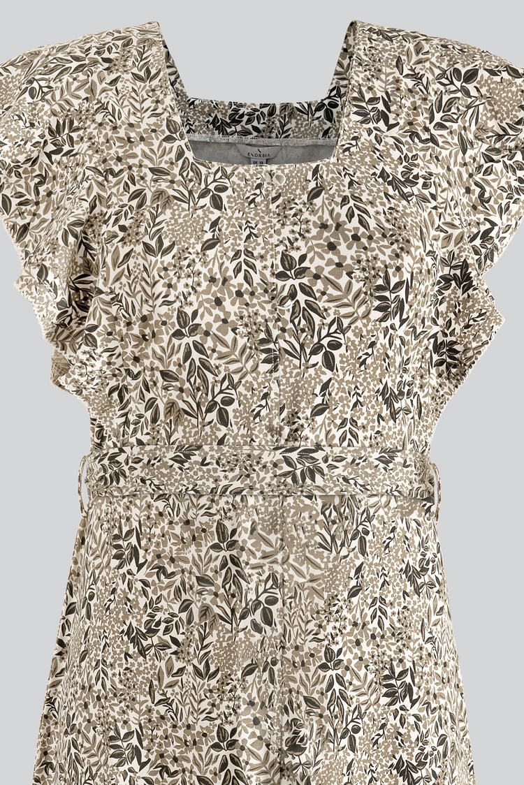 Square Neck Tie Waist Jersey Dress With Frill Sleeve Detail