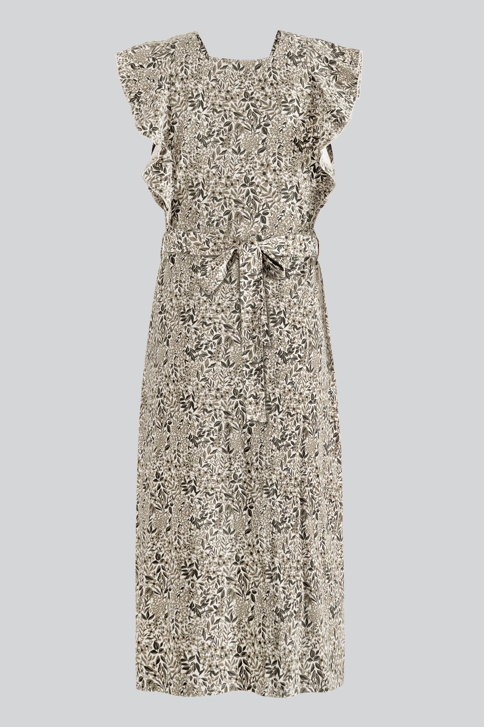 Square Neck Tie Waist Jersey Dress With Frill Sleeve Detail