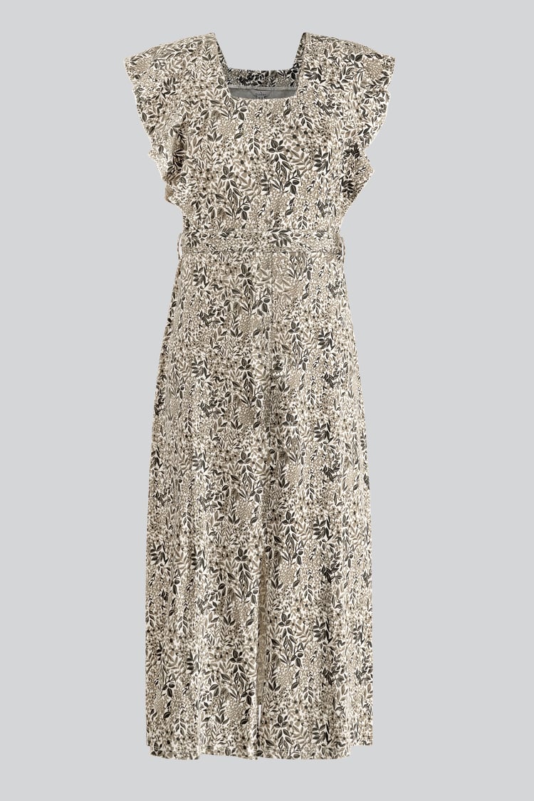 Square Neck Tie Waist Jersey Dress With Frill Sleeve Detail