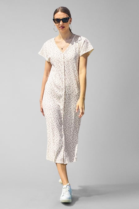 Pink Button Front Printed Ribbed Midi dress