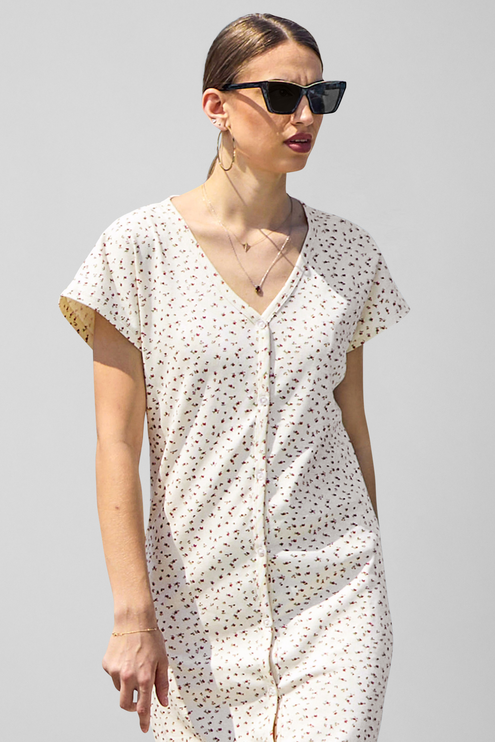 Button Front Printed Ribbed Midi dress