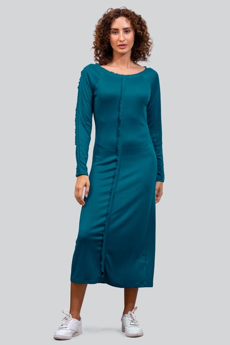 Red Ruffle Seam Midaxi Rib Dress