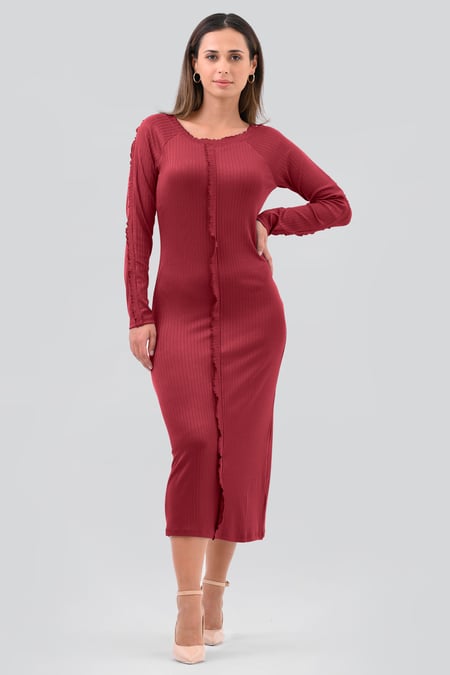 Red Ruffle Seam Midaxi Rib Dress