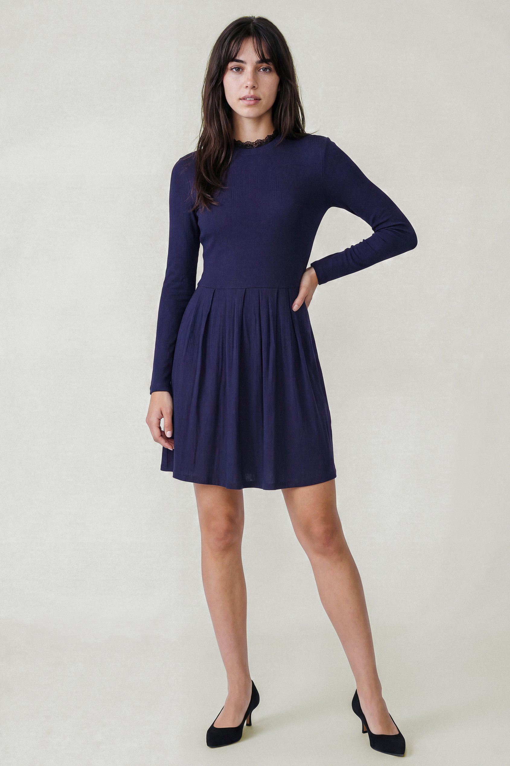 Ribbed Jersey Mini Dress With Lace Neck