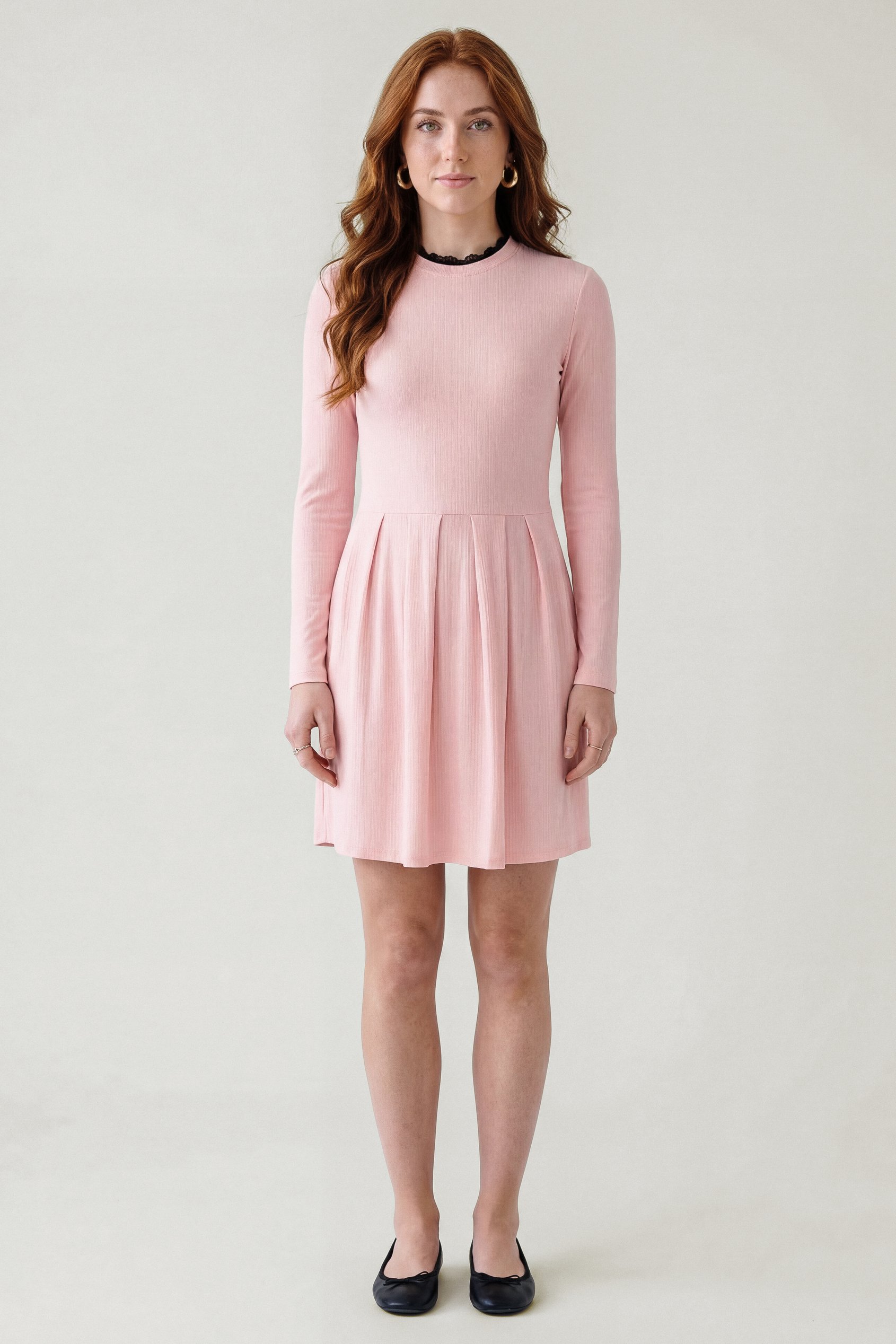 Ribbed Jersey Mini Dress With Lace Neck