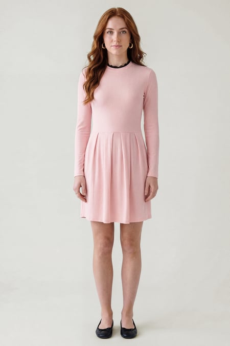 Pink Ribbed Jersey Mini Dress With Lace Neck