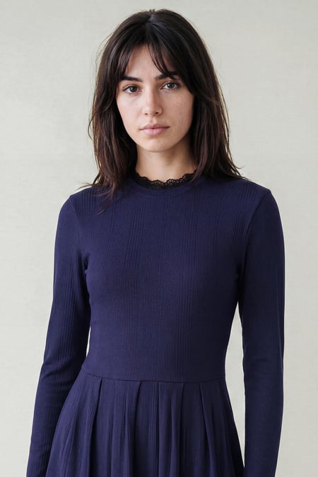 Navy Ribbed Jersey Mini Dress With Lace Neck