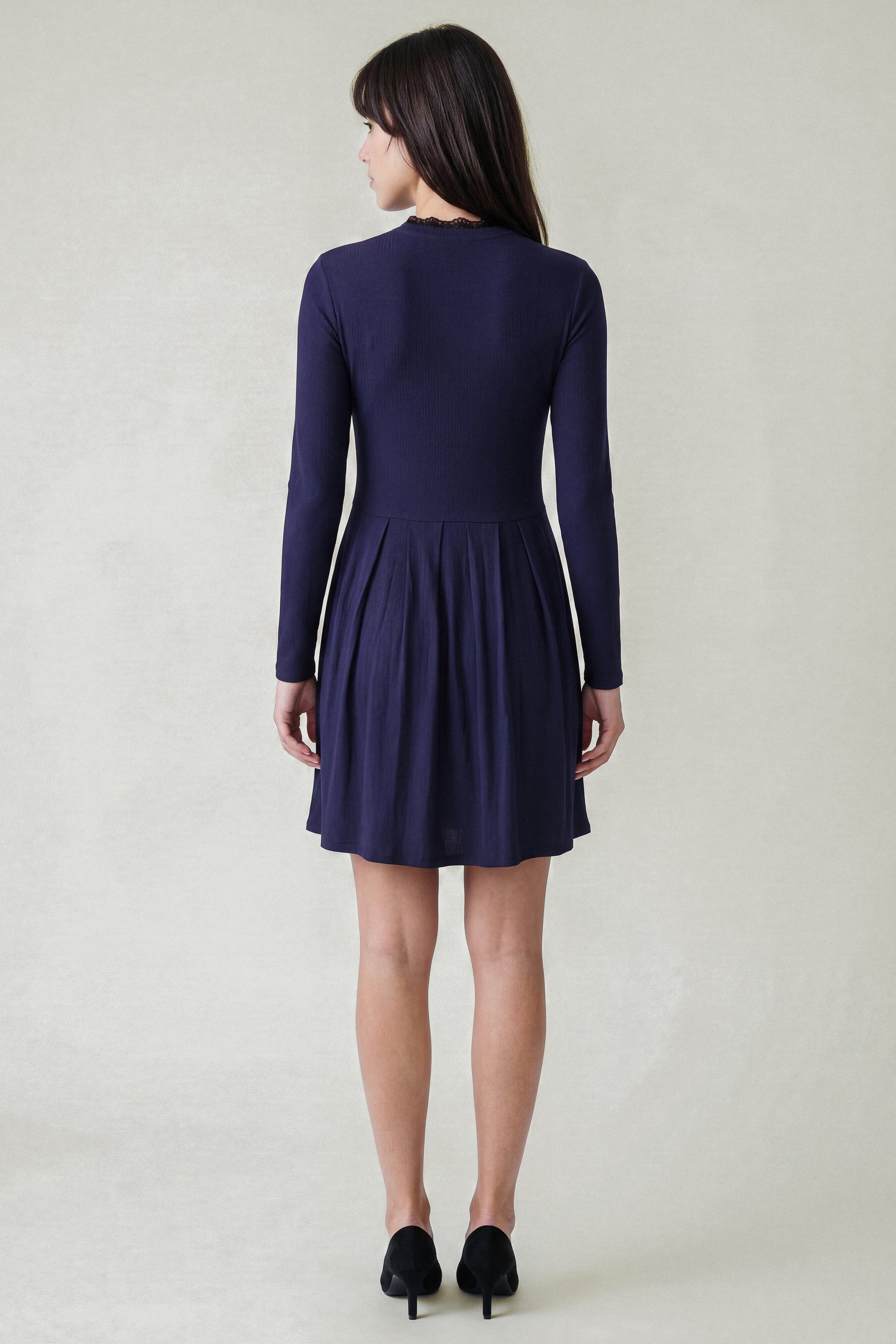 Ribbed Jersey Mini Dress With Lace Neck