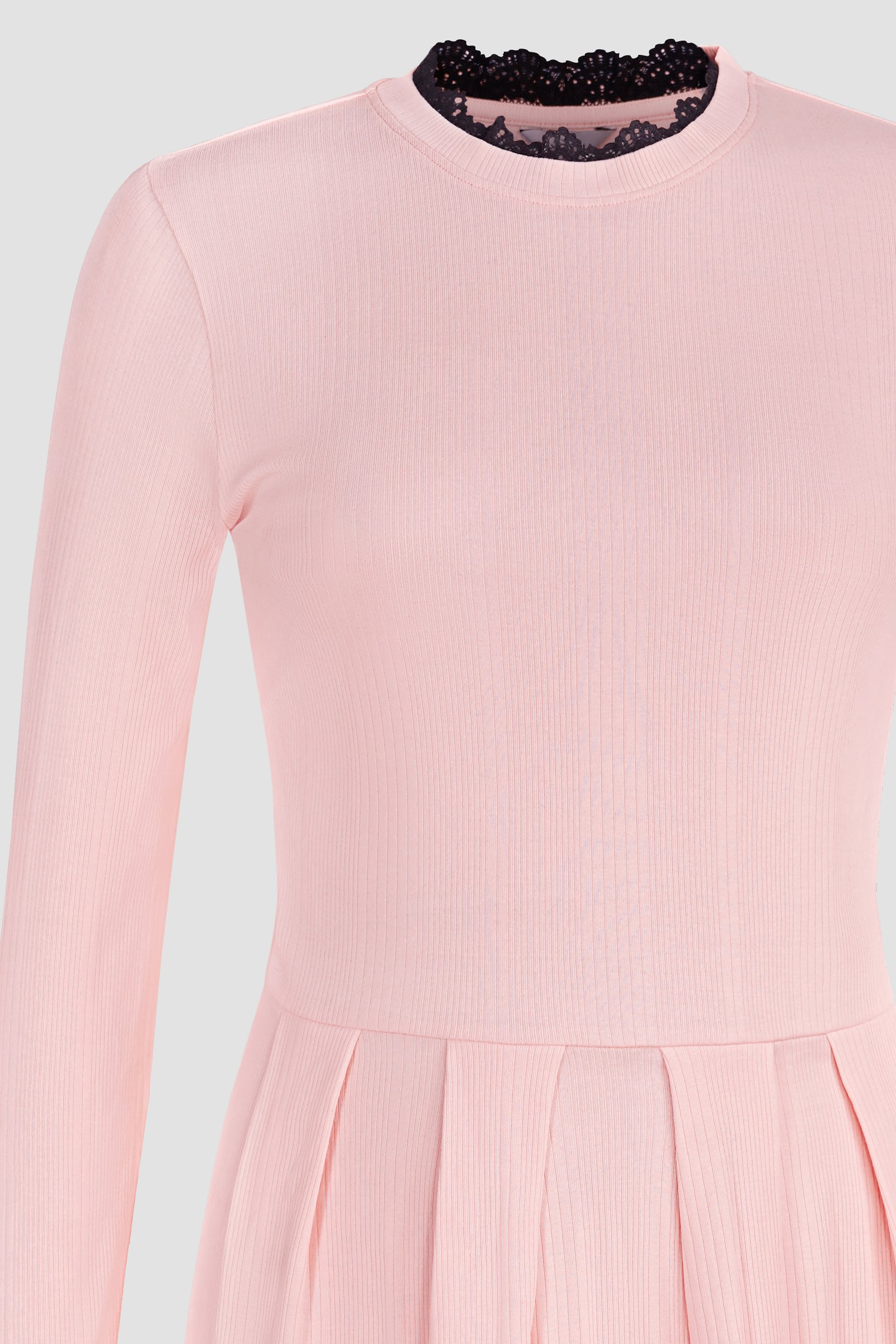 Ribbed Jersey Mini Dress With Lace Neck