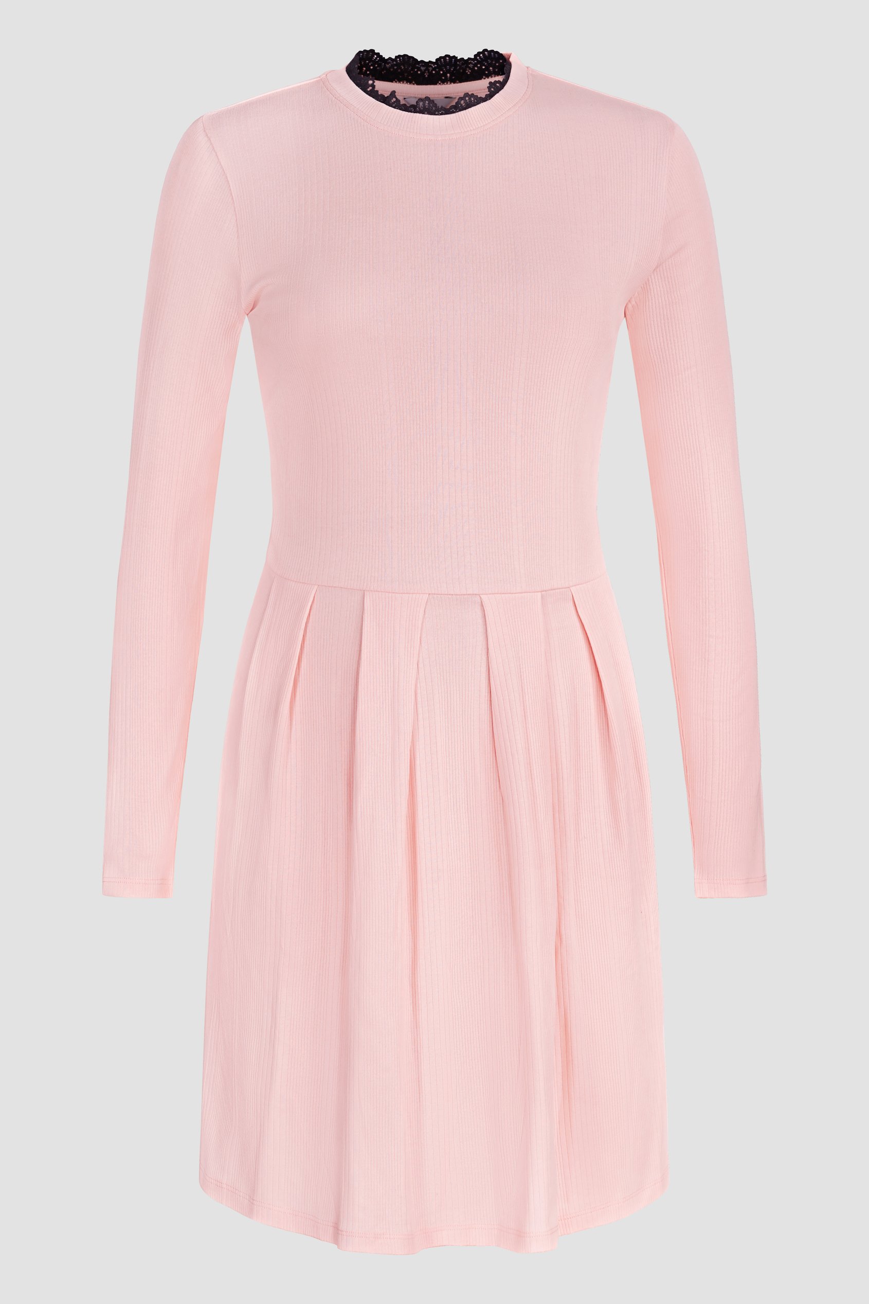 Ribbed Jersey Mini Dress With Lace Neck