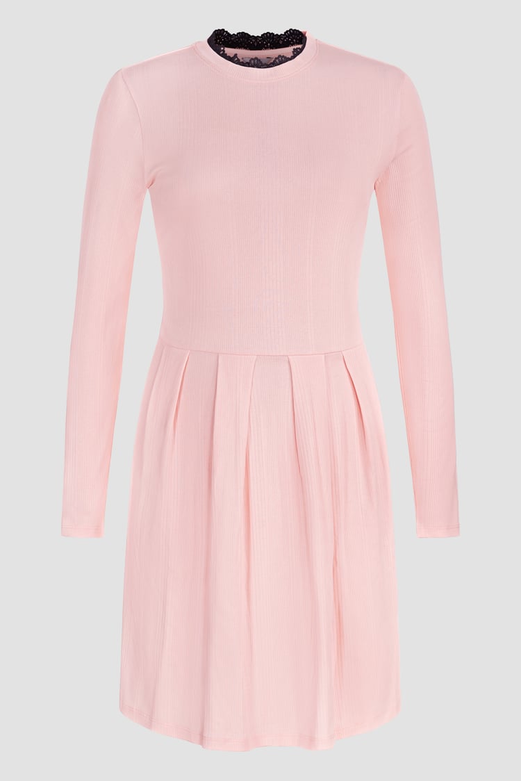 Ribbed Jersey Mini Dress With Lace Neck