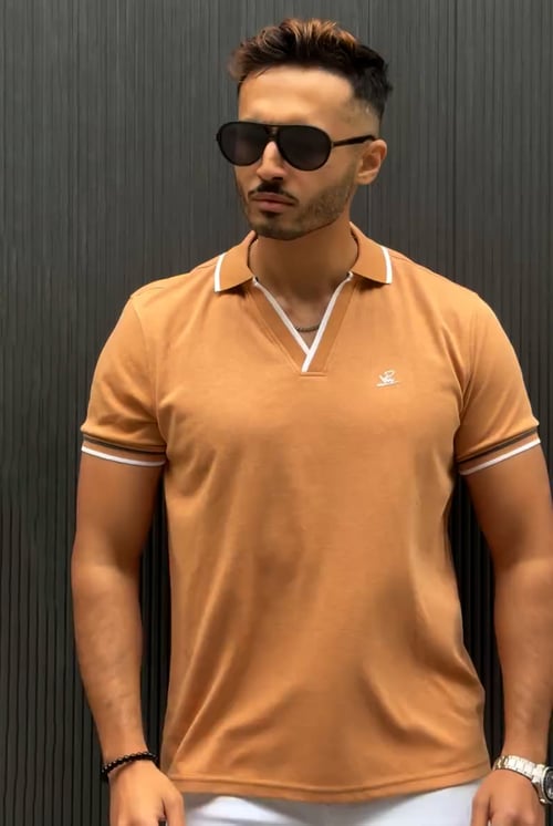 Beige V-Neck Classic Polo Shirt