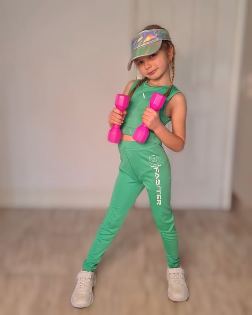 Girls Green Printed Sporty Vest and Leggings Set