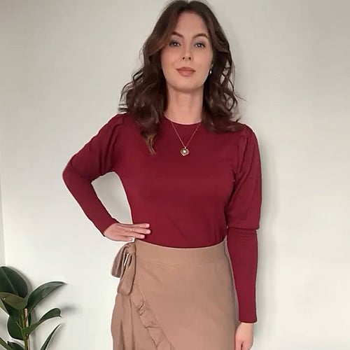 Maroon Long Sleeve Crew Neck Jersey Top With Puff Sleeve