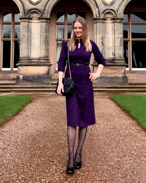 Purple Tie Frill Neck Printed Midi Dress