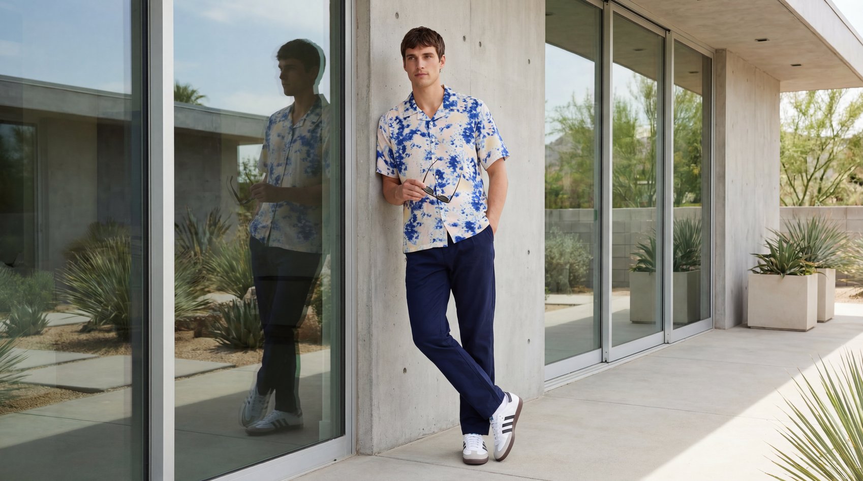 Collection of Men's casual summer outfits featuring tailored trousers and lightweight shirts
