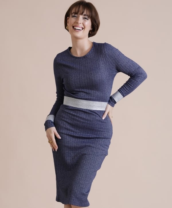 Navy Shiny Silver Metallic Stretch Midi Dress