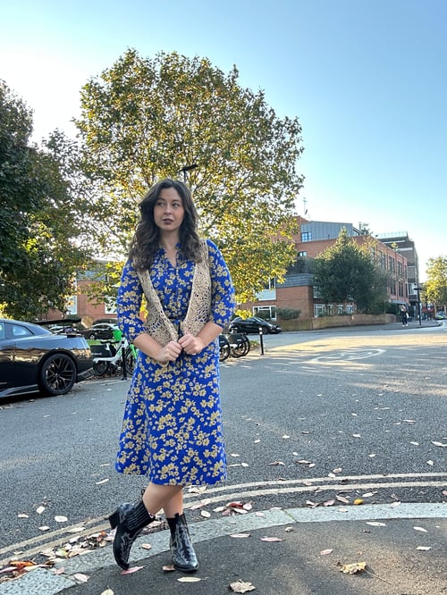 Blue Tie Frill Neck Printed Midi Dress