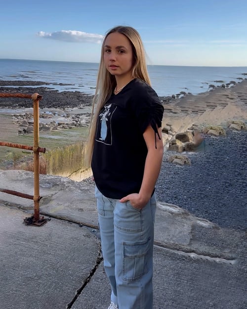 Blue Ruched Sleeves Chest Printed T-Shirt