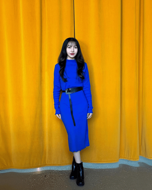 Blue Crepe Ribbed Bodycon Midi Dress