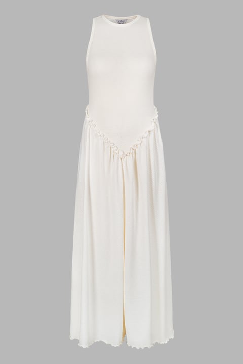 Frills Details-Rounded Neck Sleeveless Jersey Midi Dress