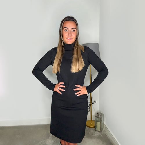 Black Ribbed Roll Neck Long Sleeve Mini Dress