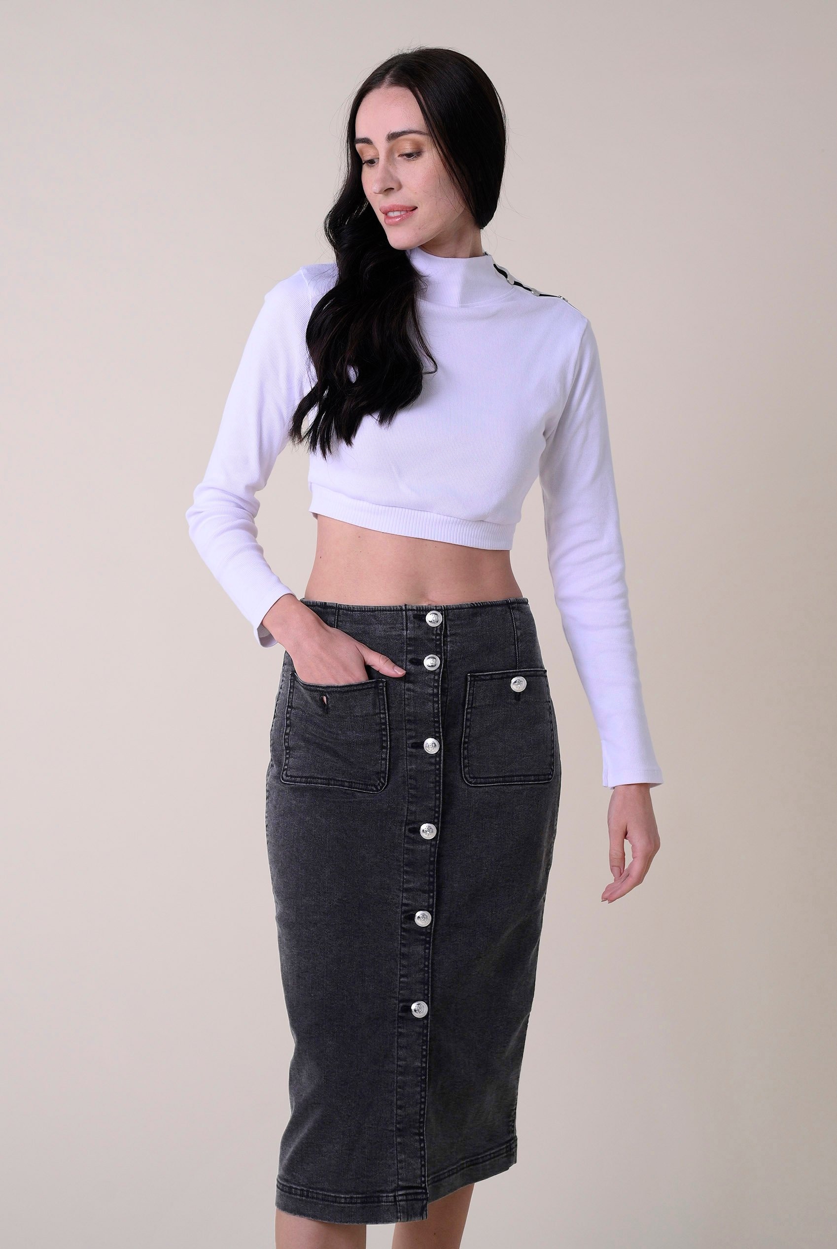 Black Washed Black Denim Midi Skirt