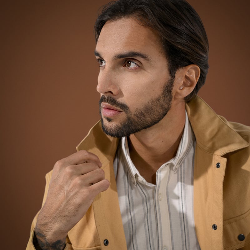 Detail shot of men's premium knitwear.